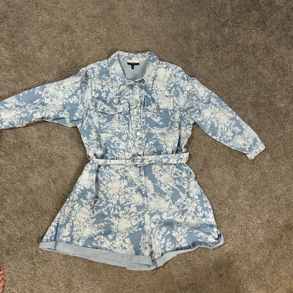 ELOQUII Elements Plus Size 26 Blue Floral Denim Romper / Playsuit - Picture 5 of 6